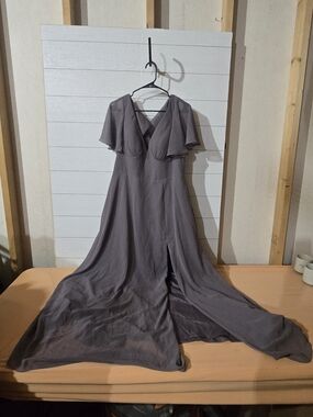 Azazie Slate Gray Flutter Sleeve V-Neck Maxi Gown